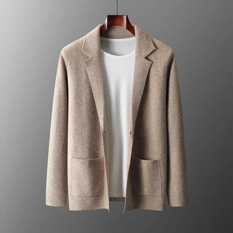 Men's Sweaters 100% Merino Wool Mens Suit Collar Knitted Cardigan Autumn Winter Thickened Solid Color Suit Shirt Cashmere Jacket Sweater Q24-image-981252036