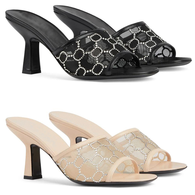 Designer Femmes Sandales Talons hauts Slingbacks Luxury Rignestone Mesh Sandale Classic Femmes Sexy Mid-Heel Party Mariage Mesh Mesh Shoes Summer