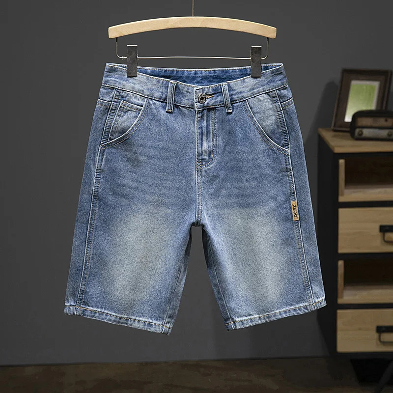 Summer Denim Shorts Jeans Slim Straight Blue Streetwear Mens Knee Length Pants Casual Side Striped Cowboys Hombre 240528