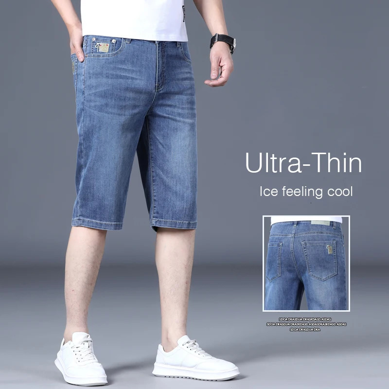 Summer Thin Stretch fabrics Denim Shorts for Men Straight Leg Loose Blue Embroidery Over The Knee Jeans 240528
