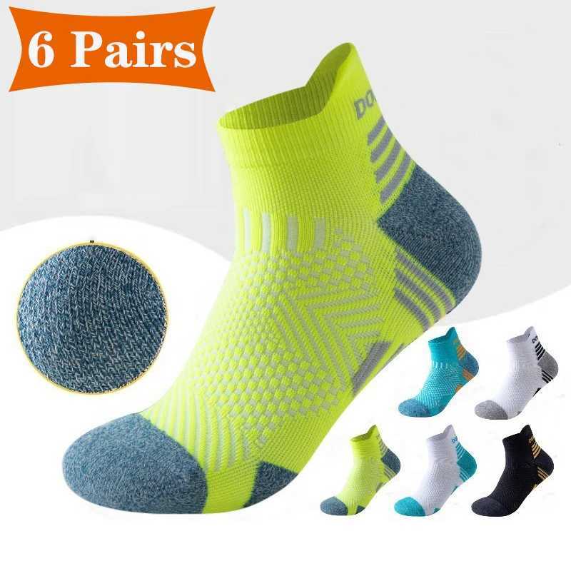 Men's Socks 6 Pairs Professional Marathon Running Sock Men Women Sports Fitness Thickened Cushioned Short Tube Low Cut Boat Ankle Socks Y240