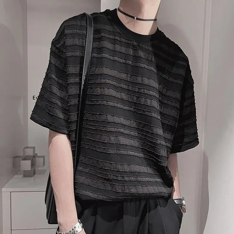HOUZHOU Striped Mesh Tshirts for Men Beach Short Sleeve Tee Male Summer Translucent Breathable Tops Oneck Casual Streetwear 240528
