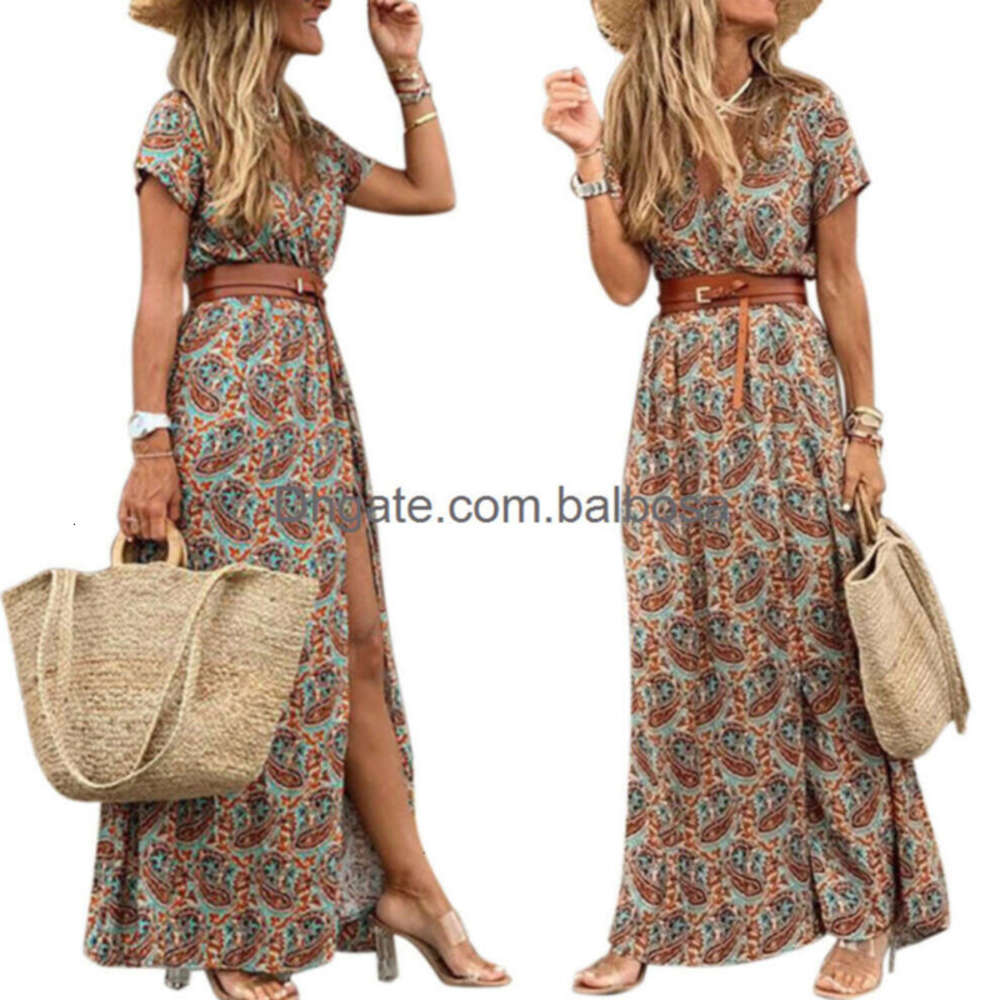 Plus la taille 3xl Designer Robes d'été Mode Bohème Col en V Floral Élégant Plage Maxi Robe Femmes Robes Robes Dames Vacances Jupe de Vacances