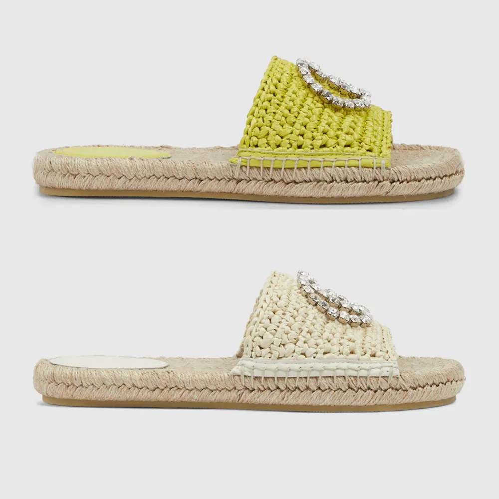 New Women Interlocking-G Espadrille Sandals Flats Platform Rubber Bottom Slippers Summer Beach Slides With Crystal EU35-42-image-982332165