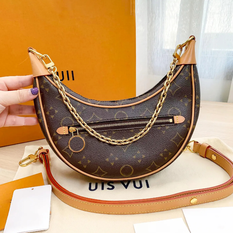 Womens Emed Half Moon Designer Tote Bag Brown Flower Clutch Shoulder Croissant Gold Chain Underarm Satchel Mens Quality Handbag Crossbody Bags