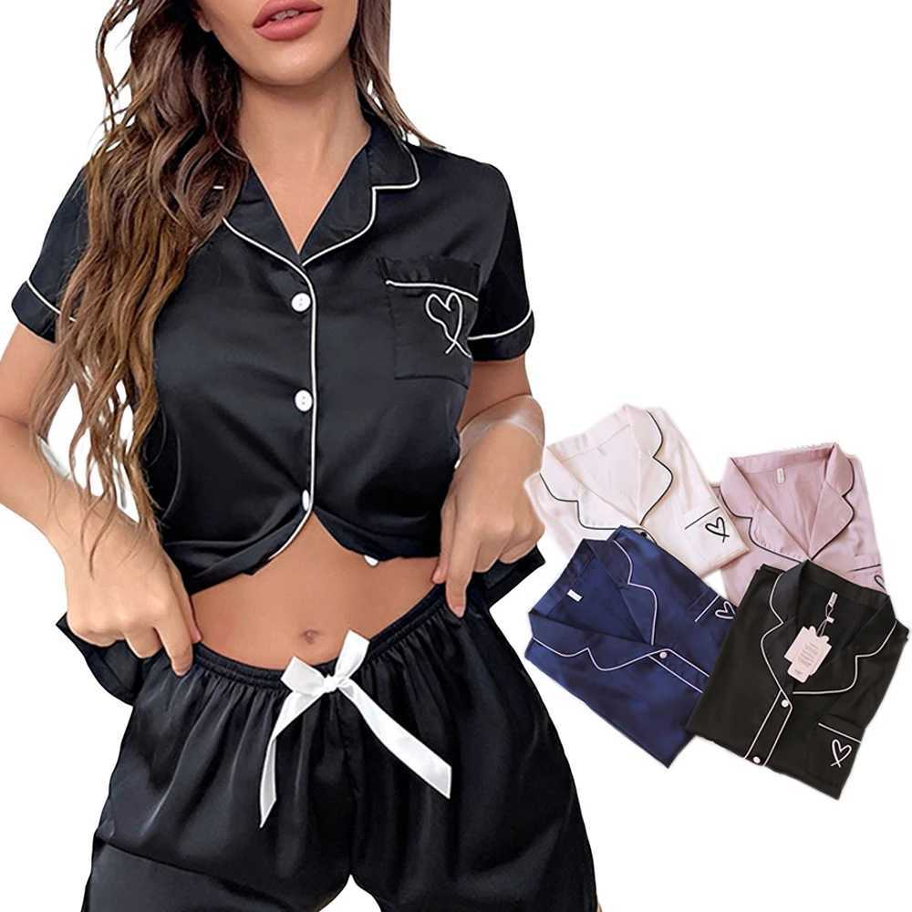 Women's Sleepwear Womens Pajamas Set Luxury Satin Silk Pajamas Heart Print Short Sleeve Sleepwear Leisure Home Clothes Nightwear Pyjamas for-image-981939704