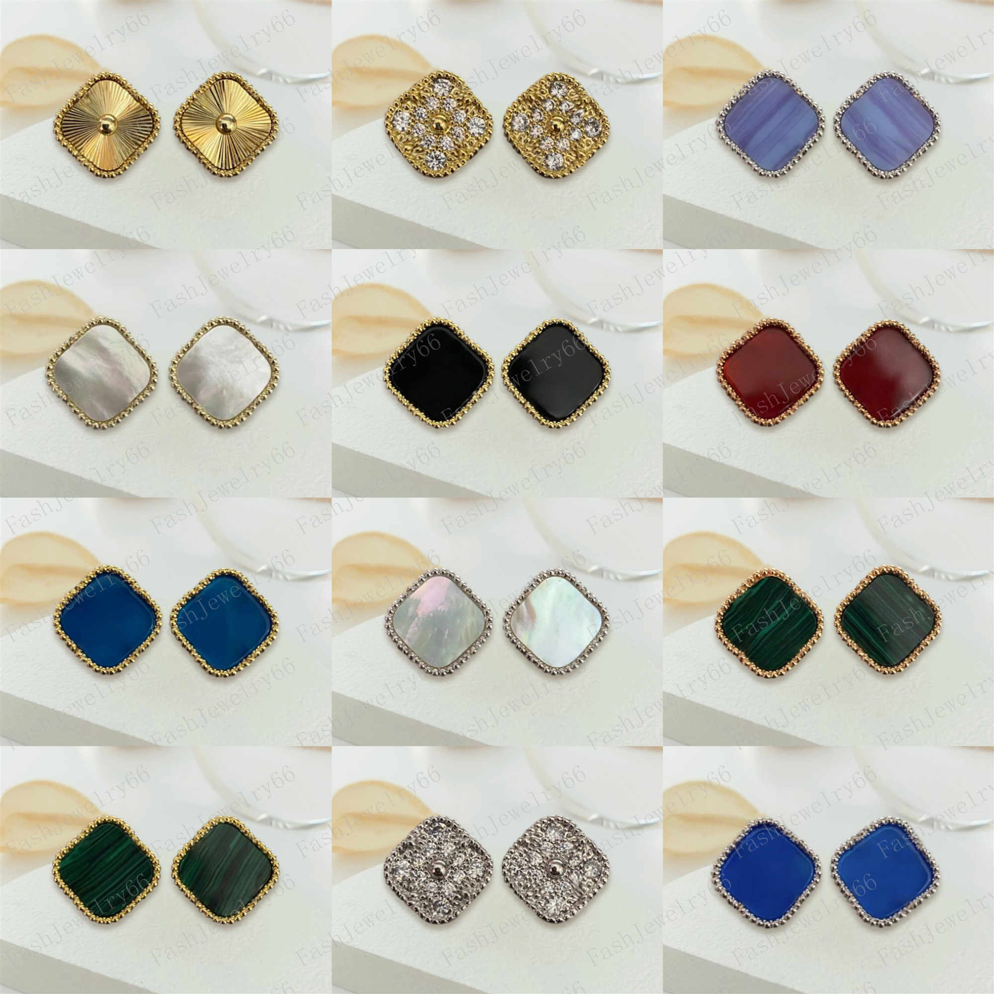 Designer Clover Studs Earring Vintage Four Leaf Clover Charm Stud Earrings Back Mother-of-Pearl Stainless Steel Gold Studs Agate for Women wedding Jewelry gift 1 
