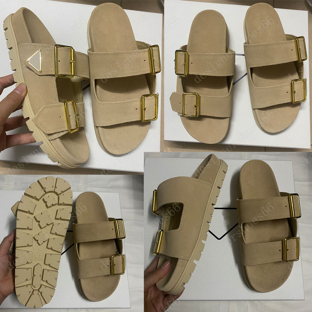 Suede strap slides Ecru 1XX692 designer slides sandals womens slide sandal Upper with metal buckle triangle slides casual style slides Flat Sandals Luxury Slide 