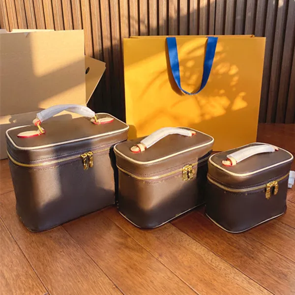 3size Vintage brown vanity makeup bag luxury Womens designer tote handbag wash pouch make up bags mens wallet Leather toiletry Shoulder clutch co-image-983095156