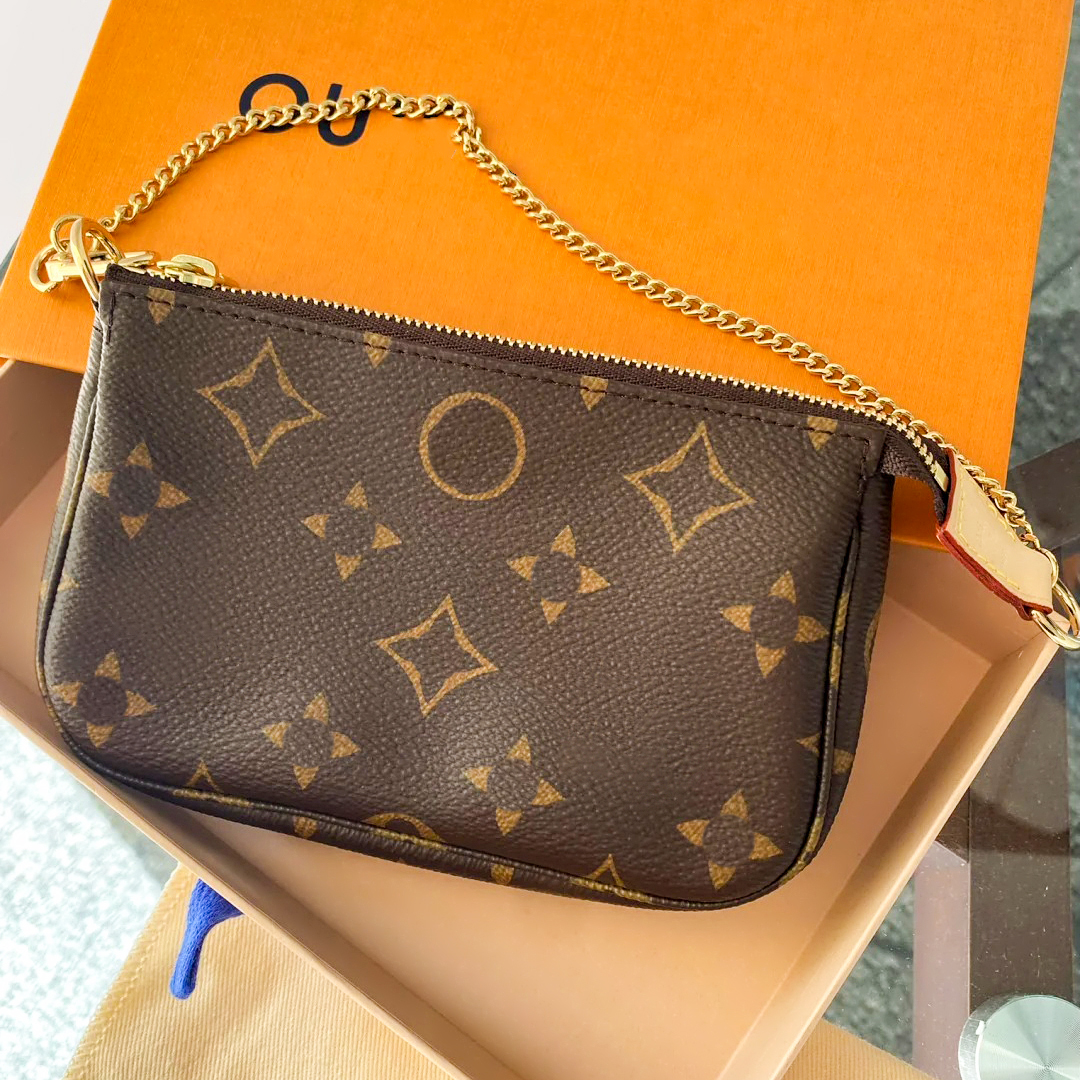 Luxury POCHETTE ACCESSOIRES Even Designer Makeup Bag Mens Clutch Fashion Leather Crossbody Bag For Woman Purse Shoulder Tote Handbag Brown Flower-image-998879269