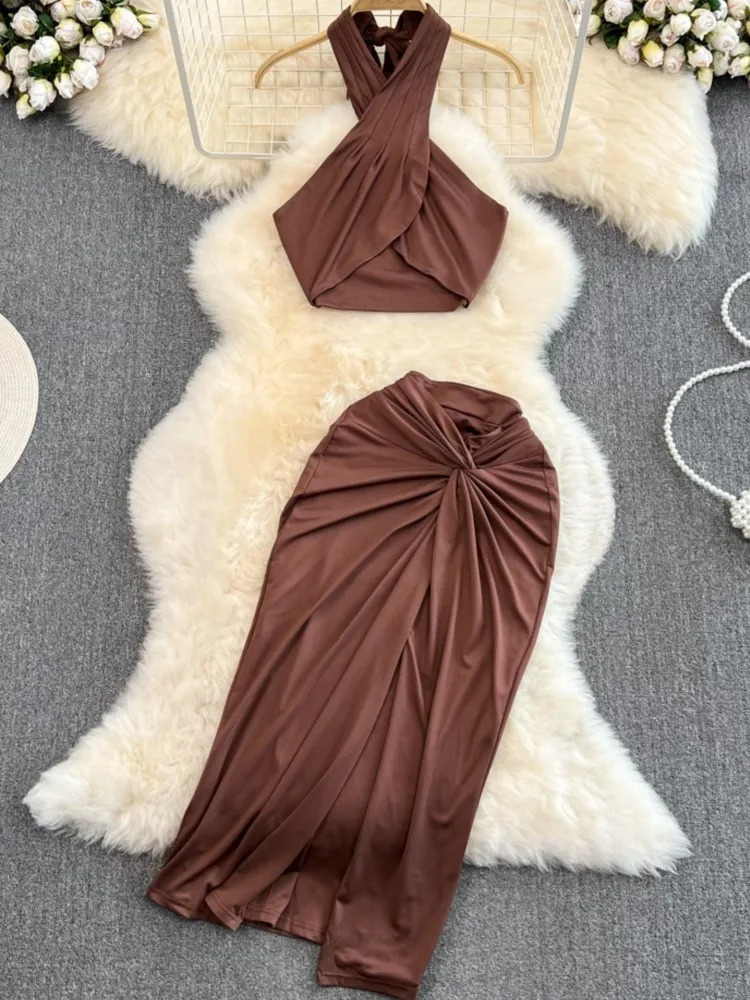 Women Fashion Summer Solid Skirts Suit Halter Sexy Cropped Tops Bodycon Saya 2 Pieces Female Beach Holiday Outfits 240524
