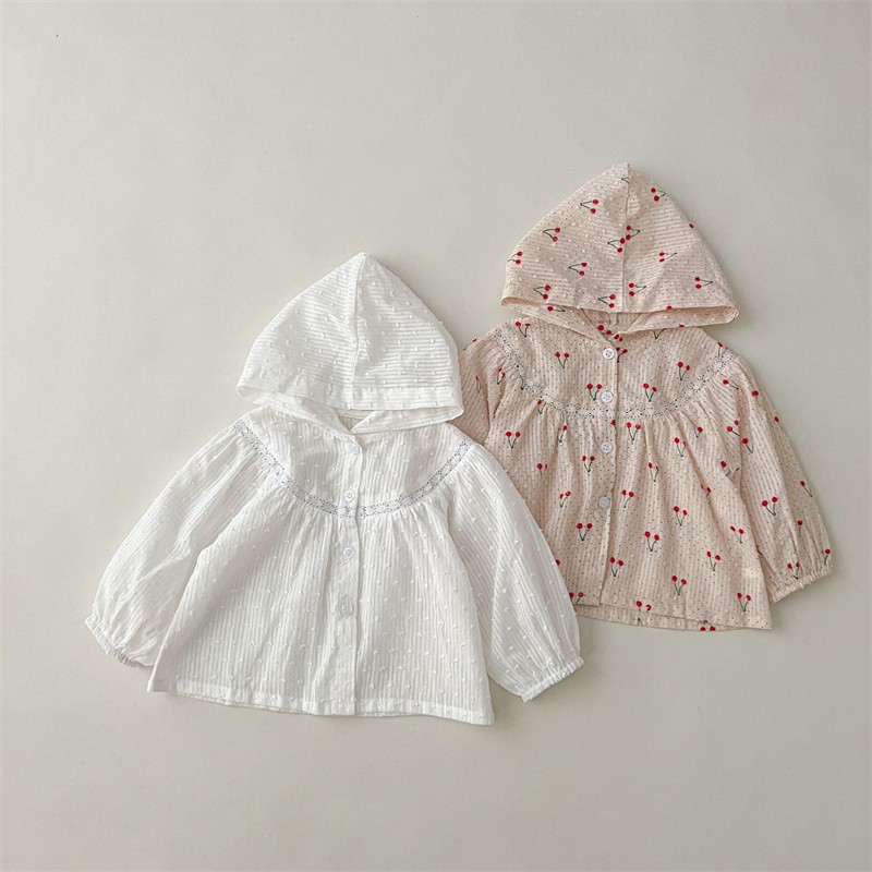 2025 Summer New Baby Long Sleeve Hooded Sunscreen Clothing Coat Girls Soft Breathable Cherry Pattern Tops Jacket Kids Clothes