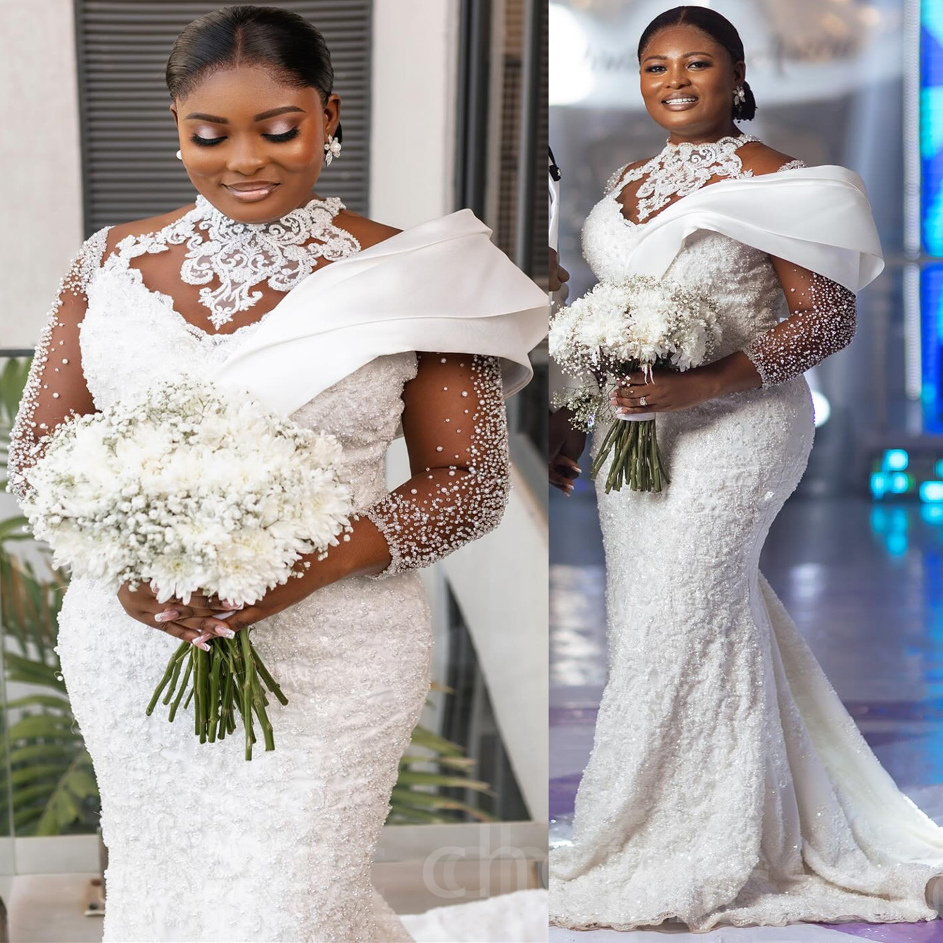 2024 Arabic Aso Ebi Plus Size Luxurious Ivory Mermaid Wedding Dress Pearls Lace Vintage Bridal Gowns Dresses ZJ440-image-989362183