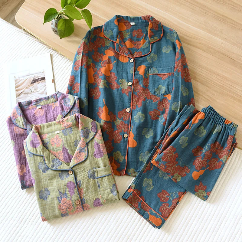 Japanese Spring and Autumn Womens Pajama Set 100% Cotton Vintage Long sleeved Pants Two Piece for Home Furnishings 240524