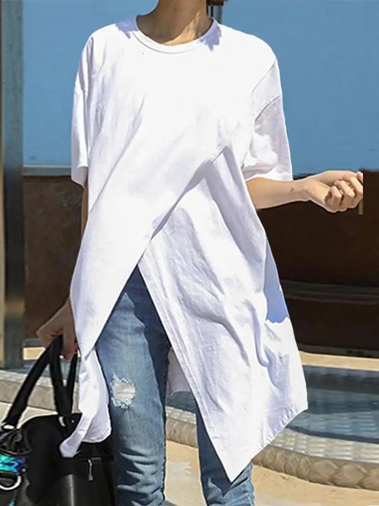 White Tops Women Casual Blouse VONDA Summer Sexy Short Sleeve O Neck Split Hem Party Shirt Loose Solid Vintage Blusas Tunic 240531
