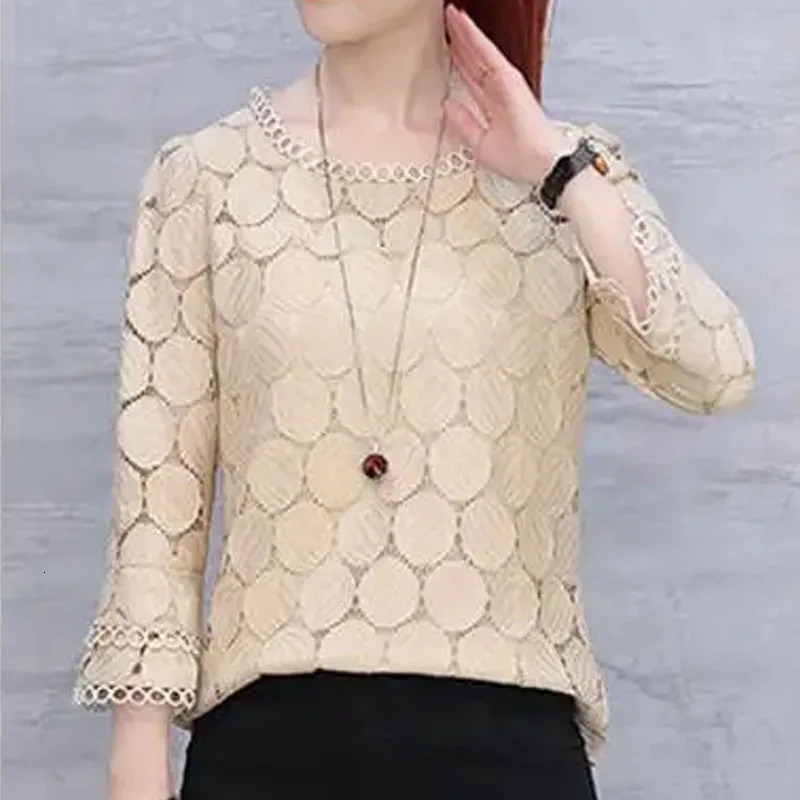 Summer Hollow Flare Sleeve Lace Womens Shirts Casual Solid Color Women Blouse Office O Neck Clothing Top Femlae Blusas 905E 240531