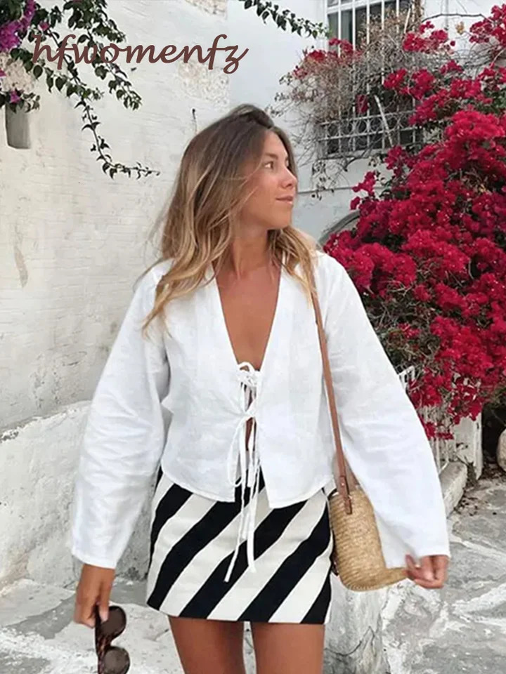 Fashion Vneck Laceup White Shirt Women Blouses Casual Longsleeved Loose Tops Spring Female Chic Office Ladies Outwear 240531