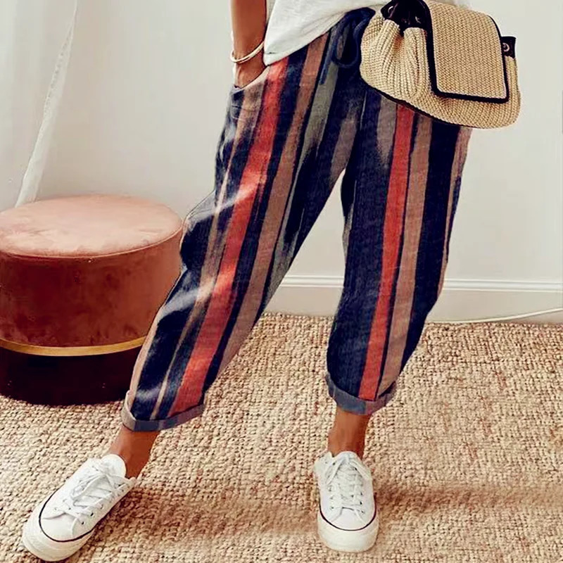 Women Summer Spring Midi Cotton Line Ruffles Vintage Big Large Plus Sizes Casual Party Fashion Loose Strip Pocket Pant 240513
