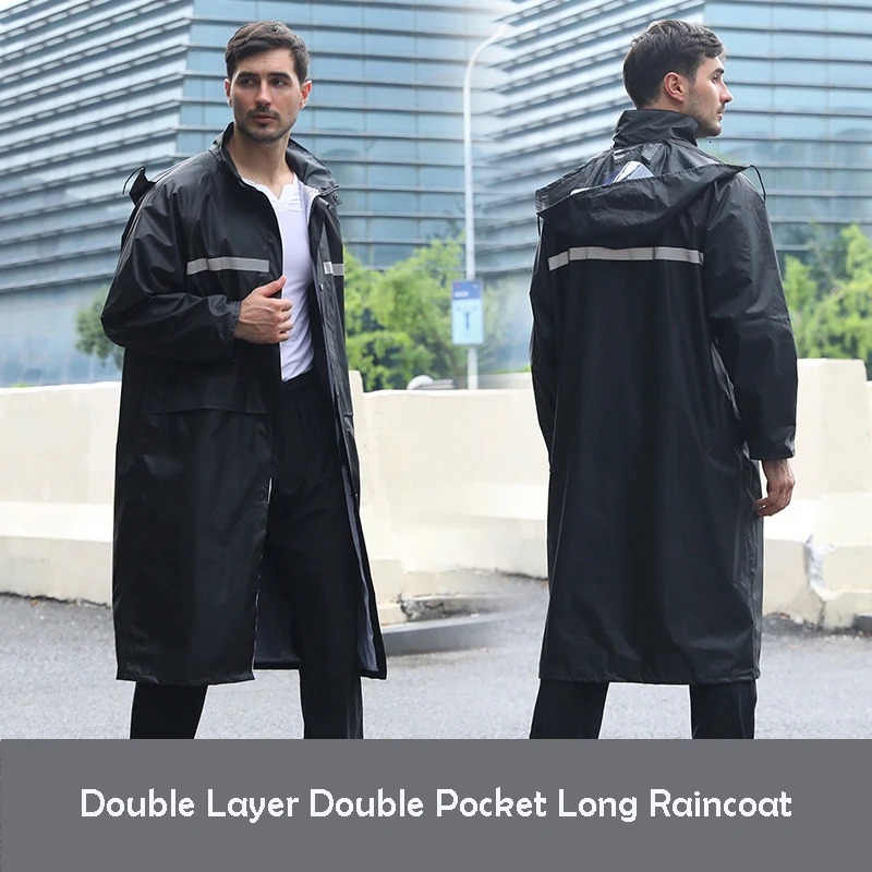 Black Double Layer Double Pocket Long Raincoat For Men Father Rain Gear Outdoor RainWear Waterproof Rain Jacket Pants Work Wear 240531