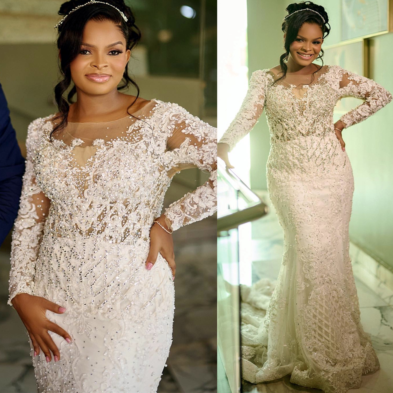 2024 Arabic Aso Ebi Plus Size Ivory Lace Mermaid Wedding Dress Crystals Lace Vintage Bridal Gowns Dresses ZJ044-image-989361666
