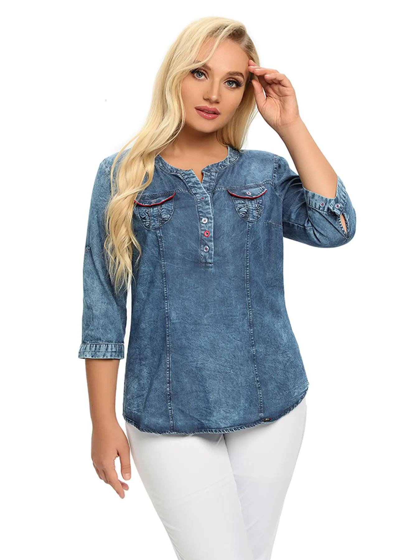 Womens Plus Size Denim Shirt Spring Fashion Elegant For Chubby Woven Cotton 240531