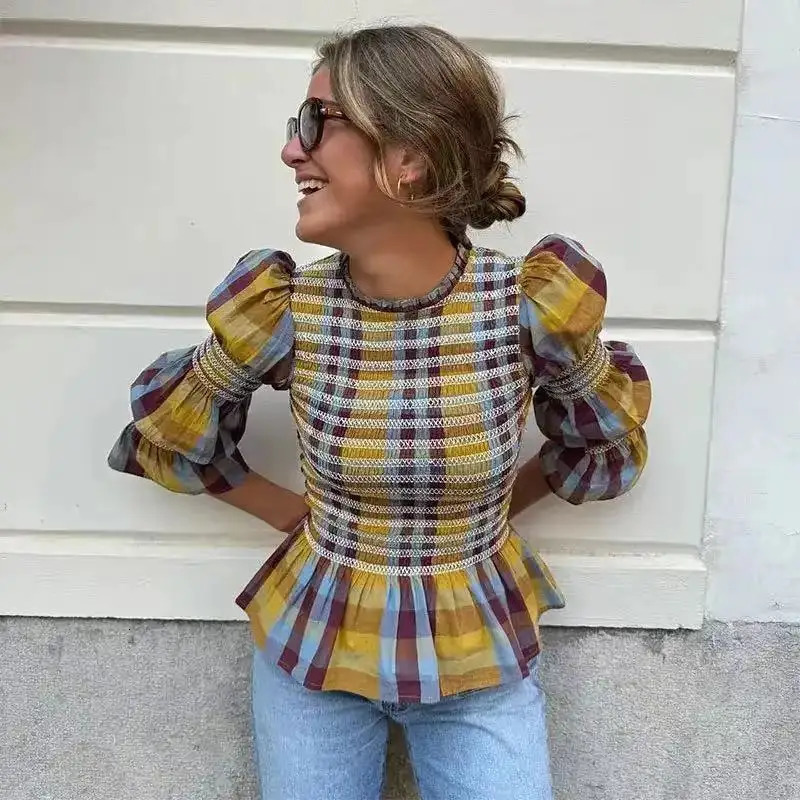 European and American springsummer womens shirts with plaid print pleated round neck long sleeved flared slim fit Blous 240531