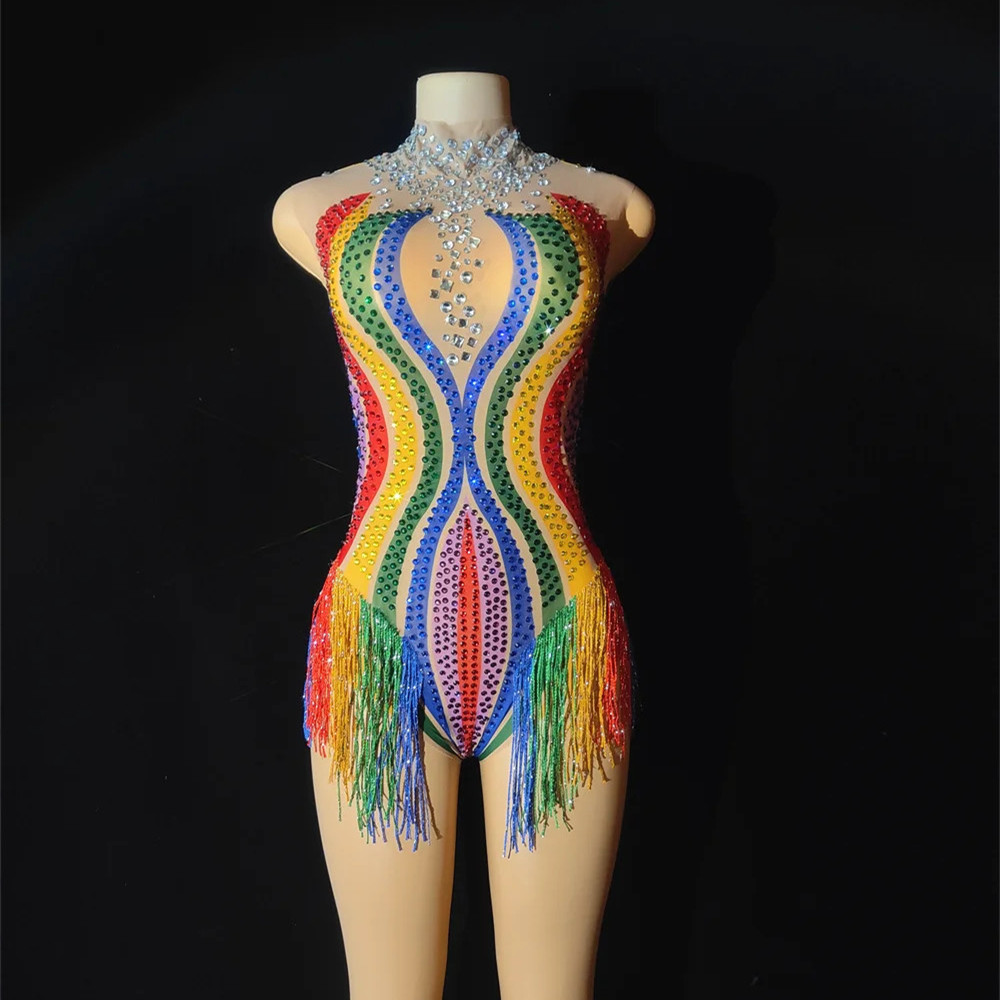 Colorful Rhinestones Tassel Latin Dance Leotard Women Sexy Transparent Performance Costume Fringe Mesh Sleeveless Bodysuit Bar Nightclub DJ Stage-image-423981726