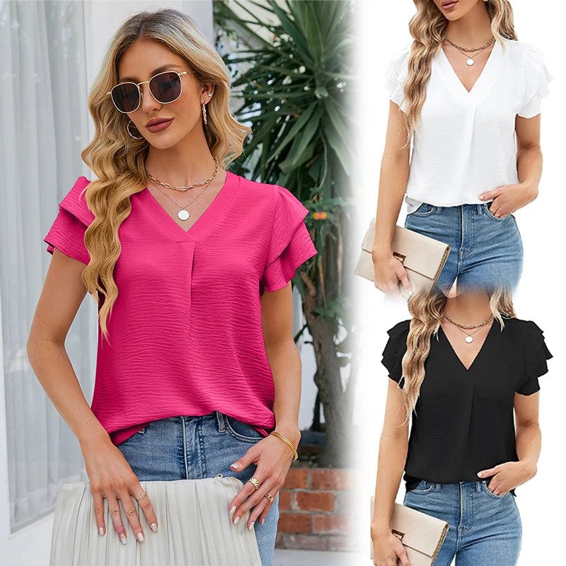 Womens Vneck Short Sleeved Chiffon Top Fashion Elegant Casual Solid Color Blouse Office Ladies Basic Shirt Tops Clothing 240531