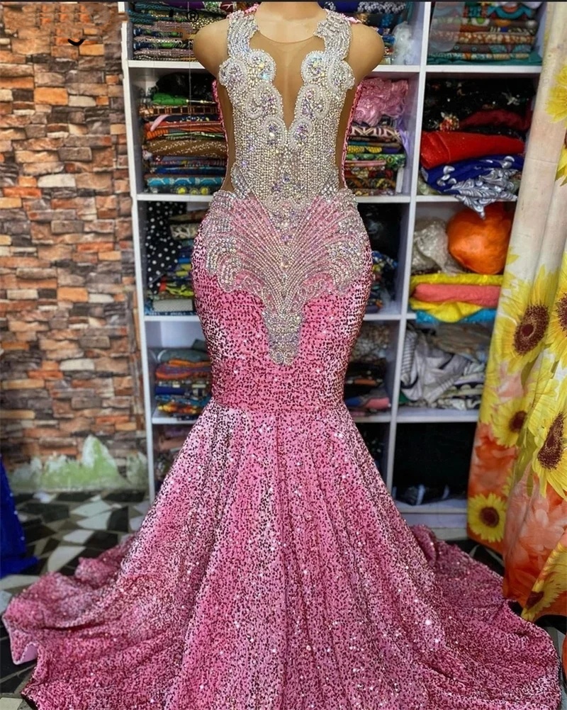 Diamants sexy diamants robes de bal rose 2024 perles scintillantes en cristaux résistaches de fête d'anniversaire robe robe