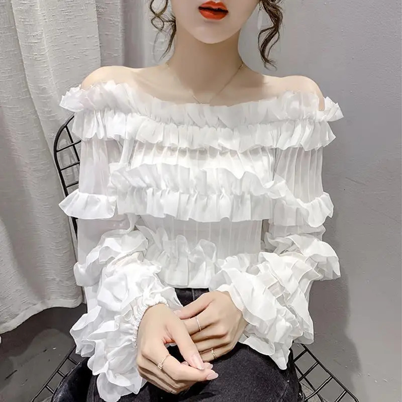 Spring Summer Fashion Sexy Off Shoulder Ruffle Elegant Chic Sweet Blouse Top Women Black White Slim Long Sleeve Shirts 240531