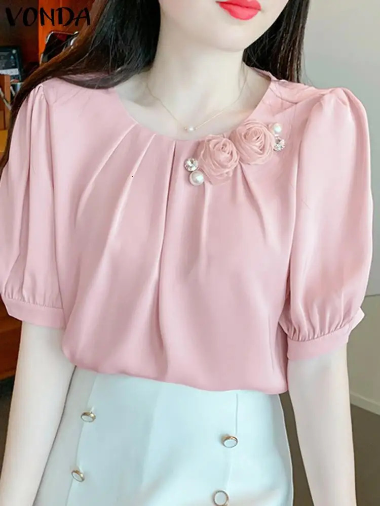 Women Summer Blouses VONDA Threedimensional Flowers Elegant Solid Color Shirts Short Puff Sleeve Pleated Tunic Tops Blusas 240531
