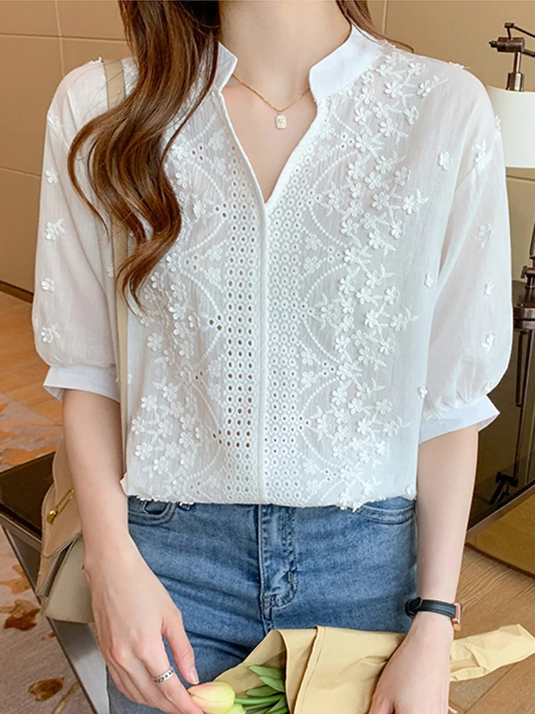 Summer Women VNeck Lace Blouse Shirt Tops Blusas Mujer De Moda Verano Blouses Femme Shirts F428 240531