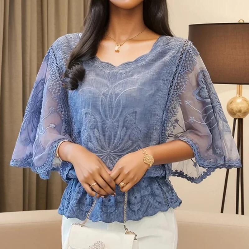Summer Loose Lace Blouse Women Butterfly Sleeve Chiffon Shirt Woman Fashion Casual Floral White Tops Blusas 4073 240531
