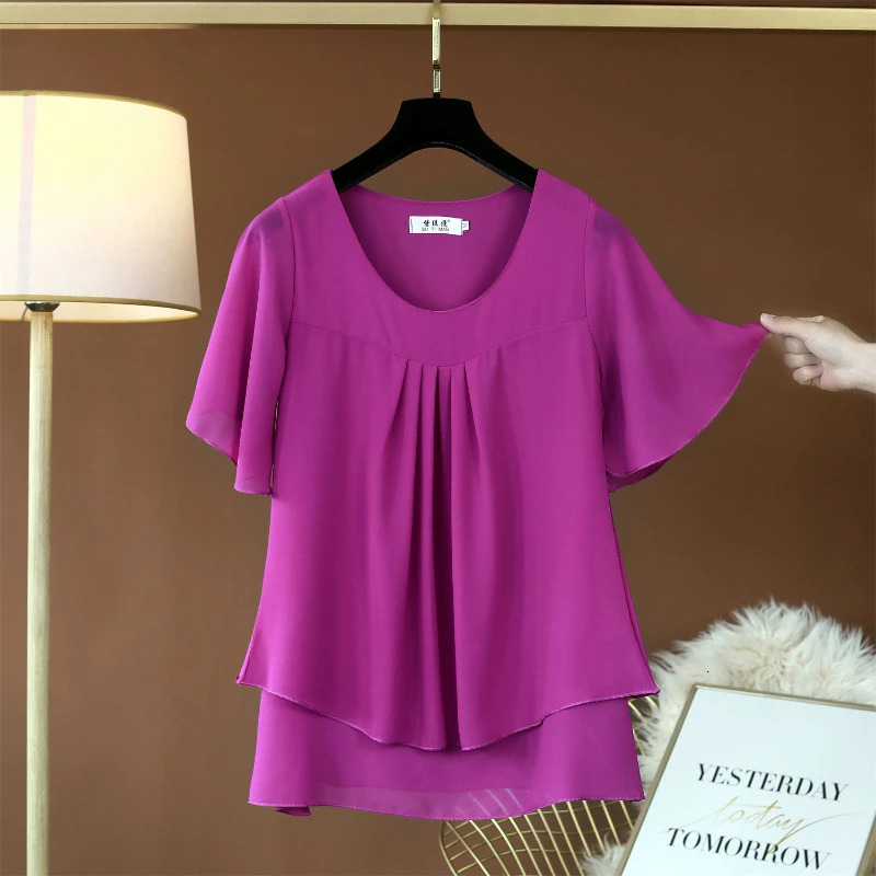 Women Blouses Summer Feminine Chiffon Blouse Solid Fashion Tops Short Sleeve Casual Oneck Base Loose 240531