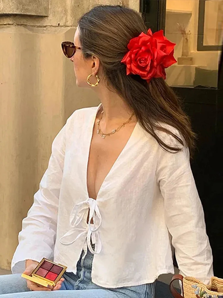 Elegant Bow Lace Up Shirt for Women Fashion V Neck Long Flare Sleeve Ladies Tops Spring Female Loose Blouses Streetwear 240531
