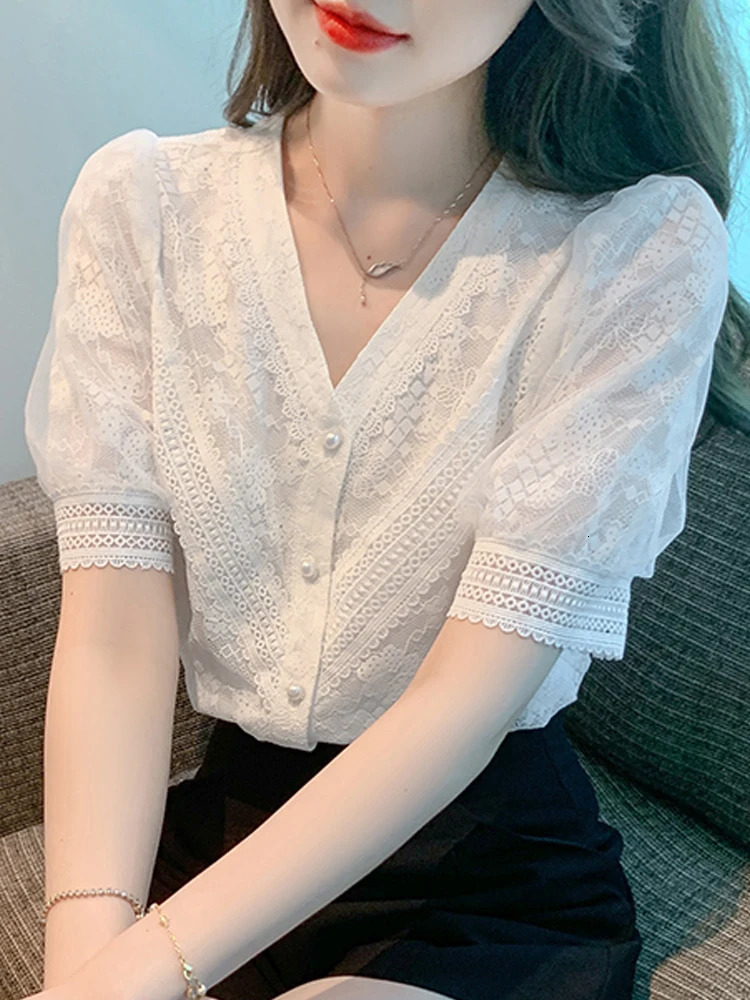 Summer Short Sleeve White Blouse Women Blusas Mujer De Moda Verano VNeck Lace Shirt Tops Shirts Blouses B292 240531