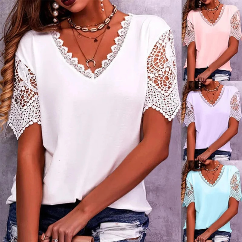 Summer Vintage Lace Trendy Women T Shirts Casual Elegant Chic Oversized Blouses Tees Solid Color Streetwear Tops Clothing 240531