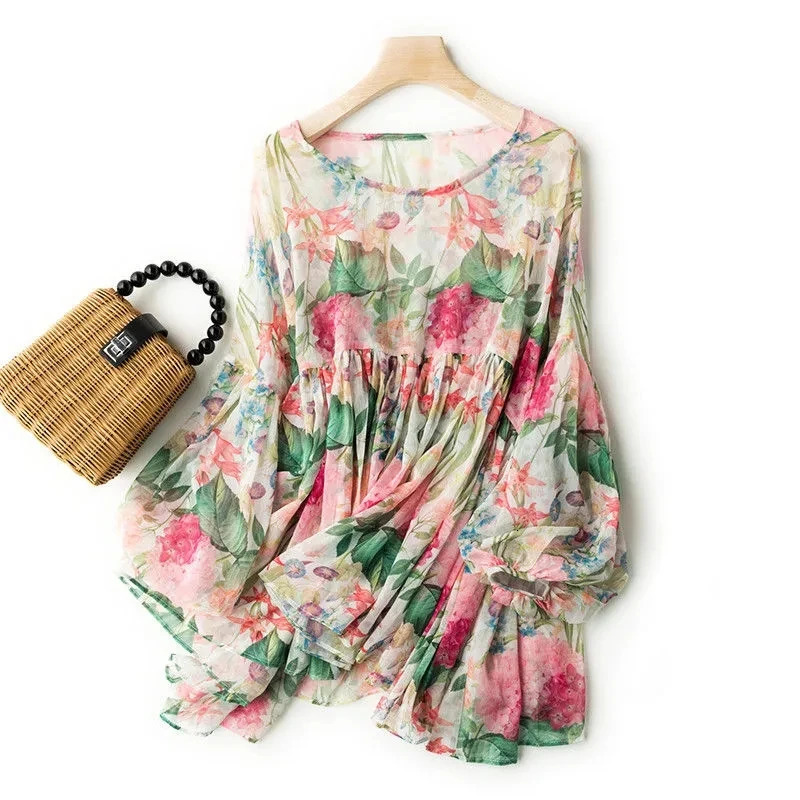 Flower Print Bohemian Chiffon ONeck Three Quarter Sleeve Loose Pullover Womens Blouse Shirt Vest Twopiece Female Clothing 240531