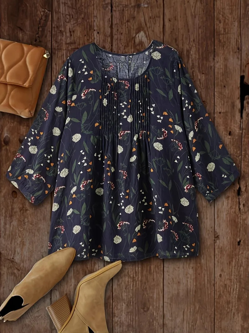 Womens Plus Size 1XL5XL Fashion Floral Printed 34 Sleeve Shirt Loose Retro Color Ladies Blouse Tops Women Clothing 240531