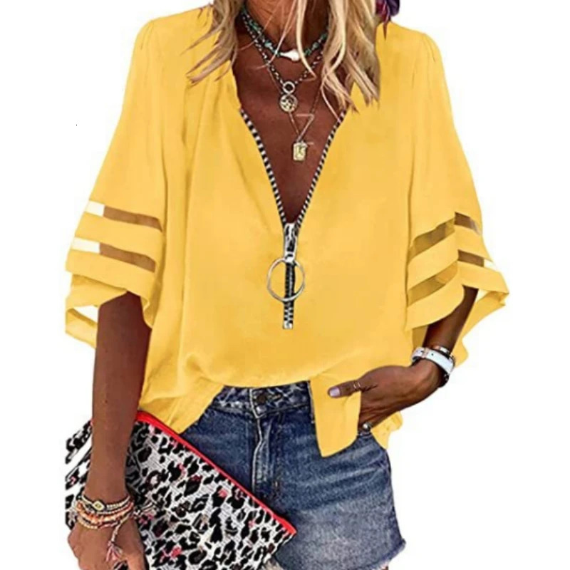 Camicia casual da donna estate sexy vneck cerniera 34 manica bagliore top blusa da spiaggia per vacanza topcata per la spiaggia per la spiaggia 2405
