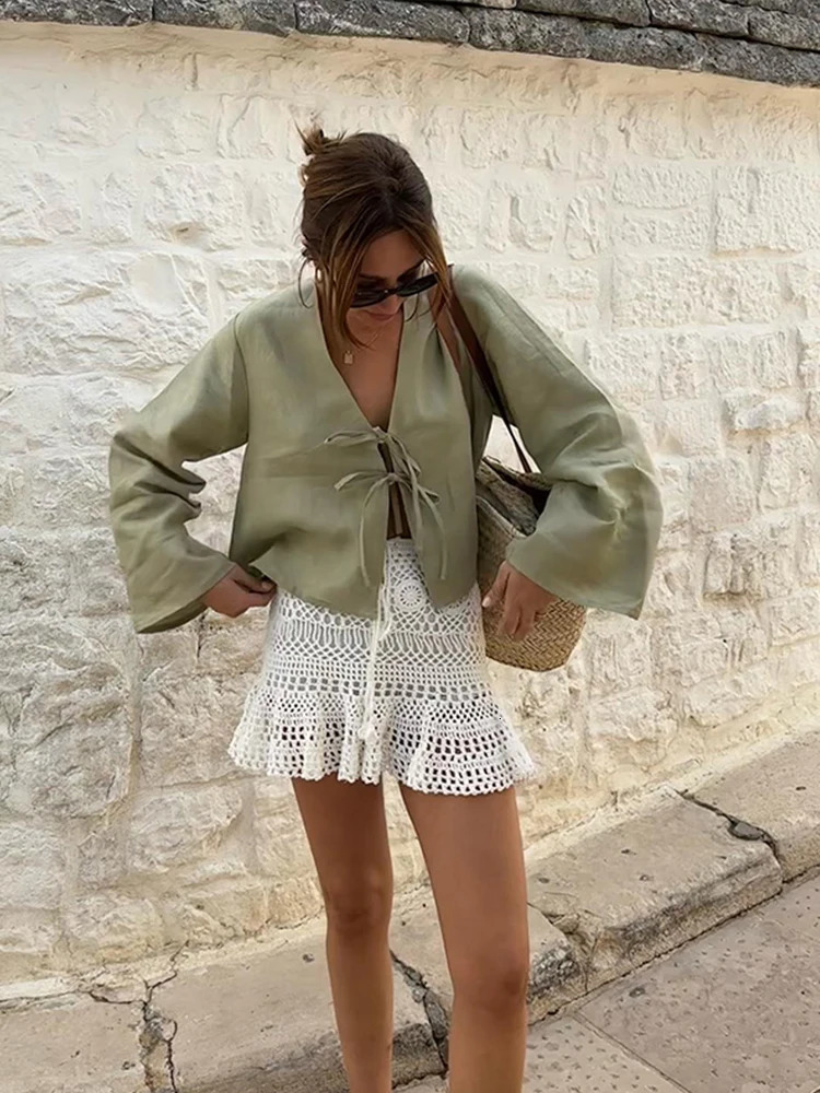 Cotton Linen Lace Up Shirts For Women Elegant Loose Long Sleeve Vneck Blouse Female Solid Causal Chic Lady Beach Tops 240531