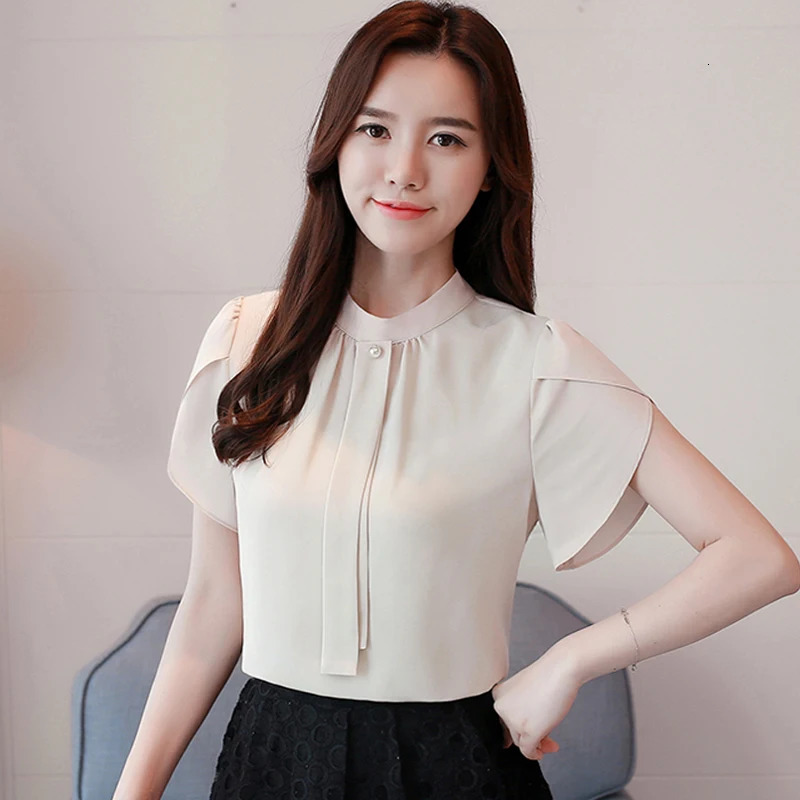Summer Short Sleeve Chiffon Women Blouse Shirt Tops Blusas Mujer De Moda Verano White Apricot Blouses Top E771 240531