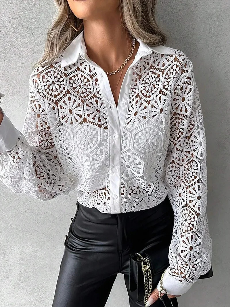 Plus Size 1XL5XL Hollow Out Blouse Casual Lapel Long Sleeve for Spring Womens Clothing 240531