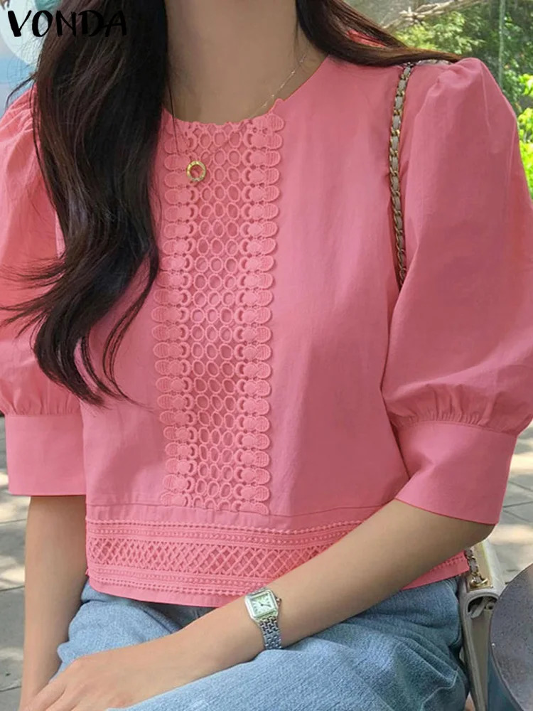 VONDA Elegant Lace Patchwork Shirts Women Puff Sleeve Blouse Summer Casual Loose Tops Fashion ONeck Tunic Blusas Femininas 240531