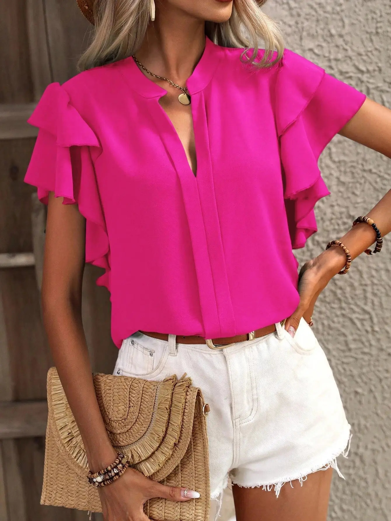 Womens Summer Vneck Casual Double Layer Ruffle Sleeve Solid Color Shirt Chiffon Office Lady Y2k AXR289 240531