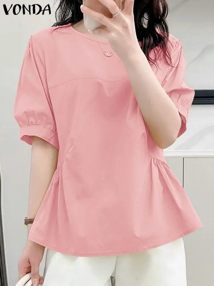 Elegant Summer Blouse Women Short Sleeve Solid Color Shirts VONDA Round Neck Fashion Blusas Femininas Party Tunic Tops 240531