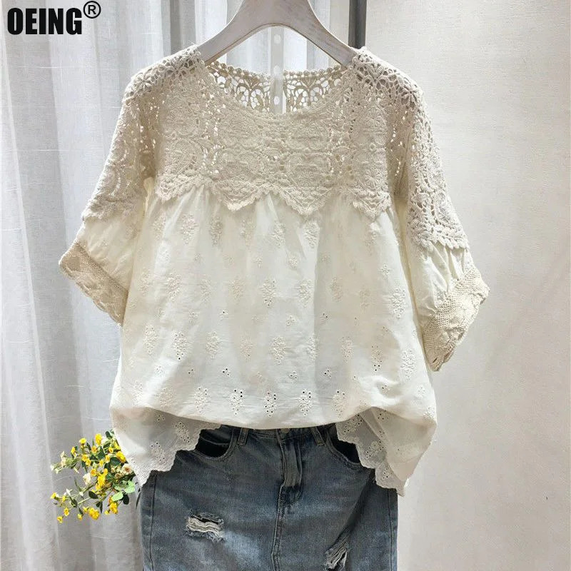 Cotton Linen Embroidery Hollow Shortsleeved Shirt Female Summer Korean Fashion Blouse Temperament Casual Vintage Tops 240531
