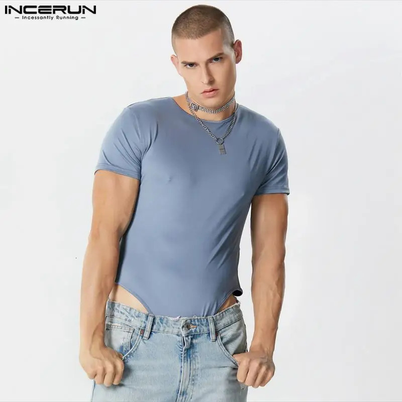 Men Bodysuits Solid Color Oneck Short Sleeve Casual T Shirt Rompers Streetwear Fitness Fashion Bodysuit S5XL INCERUN 240531