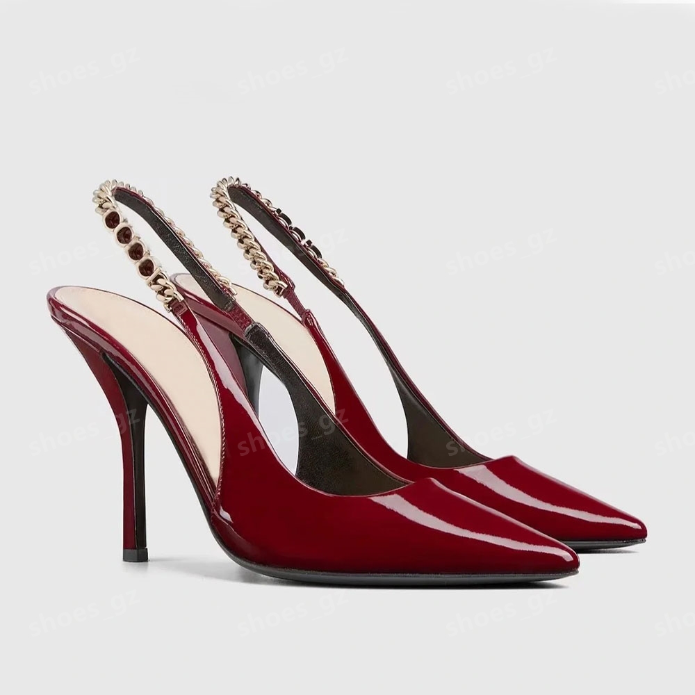 Chaines Slingback Calfskin Bourgogne Patent Cuir Pumps Chaussures Stiletto Talons pointés Sandales Sandales Femme Luxury Designer de luxe Robe de