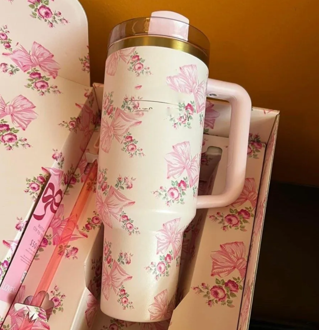 US stock DHL 40 OZ Rosa Beaux Pink Cups 40oz Stainless Steel Tumblers Blue Magnolia Pink Rose Floral Travel Car mugs Winter Pink Bow Tie Water Bo-image-404021197